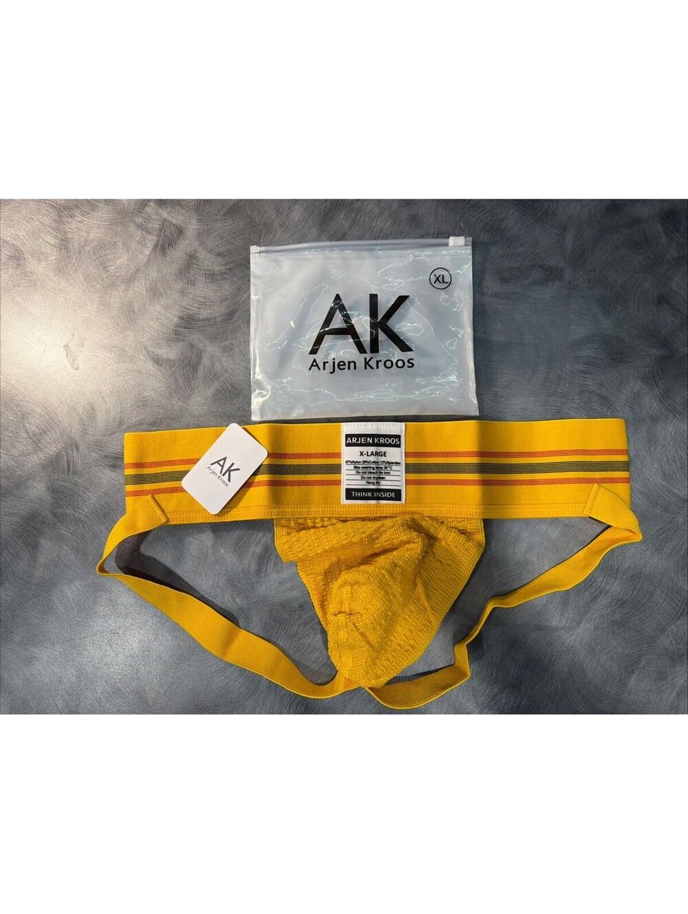 Arjen Kroos Men Gym Underwear Jockstrap Ribbed Pouch Striped Elastic W Yellow XL